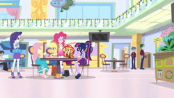 Size: 3410x1920 | Tagged: safe, screencap, applejack, fluttershy, marco dafoy, pinkie pie, rarity, sci-twi, sunset shimmer, twilight sparkle, dashing through the mall, equestria girls, equestria girls series, g4, holidays unwrapped, spoiler:eqg series (season 2), applejack's hat, bowtie, bracelet, clothes, cowboy hat, crossed arms, cutie mark, cutie mark on clothes, denim skirt, eyes closed, female, geode of empathy, geode of shielding, geode of sugar bombs, geode of super strength, glasses, hairpin, hat, high heels, jewelry, magical geodes, milkshake, necklace, ponytail, rarity peplum dress, sandals, shoes, skirt, tank top