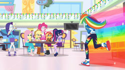 Size: 3410x1920 | Tagged: safe, screencap, applejack, fluttershy, pinkie pie, rainbow dash, rarity, sci-twi, sunset shimmer, twilight sparkle, dashing through the mall, equestria girls, equestria girls series, g4, holidays unwrapped, spoiler:eqg series (season 2), applejack's hat, boots, bowtie, bracelet, clothes, converse, cowboy boots, cowboy hat, cutie mark, cutie mark on clothes, denim skirt, eyes closed, female, geode of empathy, geode of fauna, geode of shielding, geode of sugar bombs, geode of super strength, geode of telekinesis, glasses, hat, high heels, hoodie, humane five, humane seven, humane six, jewelry, magical geodes, necklace, ponytail, rainbow trail, rarity peplum dress, running, shoes, skirt, tank top