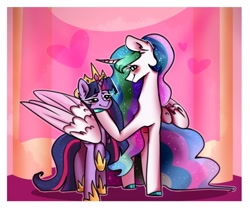 Size: 600x500 | Tagged: safe, artist:ariamidnighters, princess celestia, twilight sparkle, alicorn, pony, g4, accessory swap, blushing, crown, duo, eye contact, female, heart, hoof on chin, hoof shoes, hug, jewelry, lesbian, looking at each other, mare, raised hoof, regalia, ship:twilestia, shipping, twilight sparkle (alicorn), winghug, wings