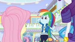 Size: 3410x1920 | Tagged: safe, screencap, fluttershy, rainbow dash, rarity, dashing through the mall, equestria girls, equestria girls specials, g4, my little pony equestria girls: better together, my little pony equestria girls: holidays unwrapped, bracelet, clothes, cutie mark, cutie mark on clothes, female, geode of super speed, hoodie, jewelry, magical geodes, necklace, rarity peplum dress, trio, trio female