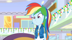 Size: 3410x1920 | Tagged: safe, screencap, rainbow dash, dashing through the mall, equestria girls, equestria girls specials, g4, my little pony equestria girls: better together, my little pony equestria girls: holidays unwrapped, animation error, clothes, cutie mark, cutie mark on clothes, female, hoodie, missing accessory, solo