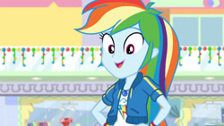 Size: 3410x1920 | Tagged: safe, screencap, rainbow dash, dashing through the mall, equestria girls, equestria girls specials, g4, my little pony equestria girls: better together, my little pony equestria girls: holidays unwrapped, clothes, cute, cutie mark, cutie mark on clothes, dashabetes, female, geode of super speed, hoodie, jewelry, magical geodes, necklace, open mouth, smiling, solo