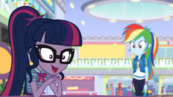 Size: 3410x1920 | Tagged: safe, screencap, rainbow dash, sci-twi, twilight sparkle, dashing through the mall, equestria girls, equestria girls specials, g4, my little pony equestria girls: better together, my little pony equestria girls: holidays unwrapped, bowtie, clothes, cutie mark, cutie mark on clothes, duo, duo female, female, geode of super speed, geode of telekinesis, glasses, hoodie, magical geodes, ponytail