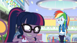 Size: 3410x1920 | Tagged: safe, screencap, rainbow dash, sci-twi, twilight sparkle, dashing through the mall, equestria girls, equestria girls specials, g4, my little pony equestria girls: better together, my little pony equestria girls: holidays unwrapped, bowtie, clothes, cutie mark, cutie mark on clothes, duo, duo female, female, geode of super speed, geode of telekinesis, glasses, grin, hoodie, magical geodes, ponytail, shrunken pupils, smiling, twilight snapple, twilighting