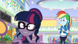 Size: 3410x1920 | Tagged: safe, screencap, rainbow dash, sci-twi, twilight sparkle, dashing through the mall, equestria girls, equestria girls specials, g4, my little pony equestria girls: better together, my little pony equestria girls: holidays unwrapped, bowtie, clothes, creepy, cutie mark, cutie mark on clothes, duo, female, geode of super speed, geode of telekinesis, hoodie, jewelry, magical geodes, necklace, open mouth, ponytail, wide eyes