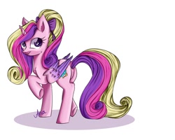 Size: 1280x1024 | Tagged: safe, artist:ariamidnighters, princess cadance, alicorn, pony, g4, bow, hair bow, looking back, raised hoof, simple background, solo, teen princess cadance, white background