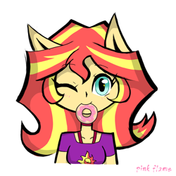 Size: 1080x1080 | Tagged: safe, artist:pink flame, sunset shimmer, equestria girls, g4, donut, food, looking at you, mouth hold, one eye closed, ponied up, wink