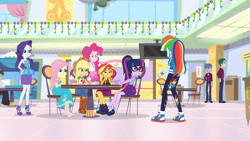 Size: 3410x1920 | Tagged: safe, screencap, applejack, fluttershy, marco dafoy, pinkie pie, rainbow dash, rarity, sci-twi, sunset shimmer, twilight sparkle, dashing through the mall, equestria girls, equestria girls specials, g4, my little pony equestria girls: better together, my little pony equestria girls: holidays unwrapped, applejack's hat, boots, bowtie, clothes, converse, cowboy boots, cowboy hat, cutie mark, cutie mark on clothes, denim skirt, female, geode of empathy, geode of fauna, geode of shielding, geode of sugar bombs, geode of super strength, geode of telekinesis, hat, high heels, hoodie, humane five, humane seven, humane six, jewelry, magical geodes, milkshake, necklace, open mouth, ponytail, rarity peplum dress, sandals, shoes, skirt, tank top