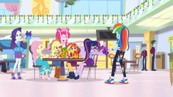 Size: 3410x1920 | Tagged: safe, screencap, applejack, fluttershy, marco dafoy, pinkie pie, rainbow dash, rarity, sci-twi, sunset shimmer, twilight sparkle, dashing through the mall, equestria girls, equestria girls series, g4, holidays unwrapped, spoiler:eqg series (season 2), applejack's hat, boots, bowtie, bracelet, clothes, converse, cowboy boots, cowboy hat, cute, cutie mark, cutie mark on clothes, denim skirt, eyes closed, female, geode of shielding, geode of sugar bombs, geode of super strength, geode of telekinesis, glasses, hat, high heels, hoodie, humane five, humane seven, humane six, jewelry, magical geodes, open mouth, ponytail, present, rarity peplum dress, sandals, shoes, shyabetes, skirt, twiabetes