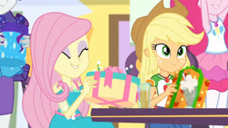 Size: 3410x1920 | Tagged: safe, screencap, applejack, fluttershy, pinkie pie, rarity, dashing through the mall, equestria girls, equestria girls specials, g4, my little pony equestria girls: better together, my little pony equestria girls: holidays unwrapped, applejack's hat, clothes, cowboy hat, cute, cutie mark, cutie mark on clothes, denim skirt, duo, duo female, duo focus, eyes closed, female, geode of fauna, geode of sugar bombs, geode of super strength, hat, jackabetes, magical geodes, milkshake, muscles, offscreen character, present, rarity peplum dress, shyabetes, skirt, smiling, tank top