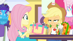 Size: 3410x1920 | Tagged: safe, screencap, applejack, fluttershy, pinkie pie, rarity, dashing through the mall, equestria girls, equestria girls specials, g4, my little pony equestria girls: better together, my little pony equestria girls: holidays unwrapped, applejack is best facemaker, applejack's hat, clothes, cowboy hat, cutie mark, cutie mark on clothes, denim skirt, duo, duo female, duo focus, female, geode of fauna, geode of sugar bombs, hat, jewelry, magical geodes, milkshake, necklace, offscreen character, present, rarity peplum dress, skirt, smiling, smugjack, tank top