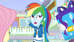 Size: 3410x1920 | Tagged: safe, screencap, fluttershy, rainbow dash, rarity, dashing through the mall, equestria girls, equestria girls series, g4, holidays unwrapped, spoiler:eqg series (season 2), arm behind head, bracelet, clothes, cute, cutie mark, cutie mark on clothes, dashabetes, female, geode of super speed, hoodie, jewelry, magical geodes, offscreen character, open mouth, present, solo focus, trio, trio female