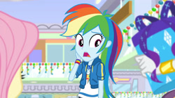 Size: 3410x1920 | Tagged: safe, screencap, fluttershy, rainbow dash, rarity, dashing through the mall, equestria girls, equestria girls specials, g4, my little pony equestria girls: better together, my little pony equestria girls: holidays unwrapped, arm behind head, bracelet, clothes, cute, cutie mark, cutie mark on clothes, dashabetes, female, geode of super speed, hoodie, jewelry, magical geodes, necklace, offscreen character, open mouth, present, solo focus, trio, trio female