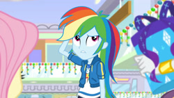 Size: 3410x1920 | Tagged: safe, screencap, fluttershy, rainbow dash, rarity, dashing through the mall, equestria girls, equestria girls specials, g4, my little pony equestria girls: better together, my little pony equestria girls: holidays unwrapped, bracelet, clothes, cute, cutie mark, cutie mark on clothes, dashabetes, female, geode of super speed, hoodie, jewelry, magical geodes, offscreen character, present, solo focus, trio, trio female