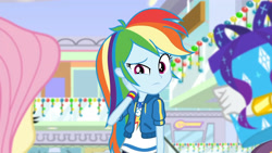 Size: 3410x1920 | Tagged: safe, screencap, fluttershy, rainbow dash, rarity, dashing through the mall, equestria girls, equestria girls series, g4, holidays unwrapped, spoiler:eqg series (season 2), bracelet, clothes, cute, cutie mark, cutie mark on clothes, dashabetes, female, geode of super speed, hoodie, jewelry, magical geodes, necklace, offscreen character, present, solo focus, trio, trio female