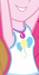 Size: 1920x3634 | Tagged: safe, screencap, pinkie pie, human, dashing through the mall, equestria girls, equestria girls specials, g4, my little pony equestria girls: better together, my little pony equestria girls: holidays unwrapped, applejack's hat, armpits, boobshot, breasts, clothes, cowboy hat, cropped, cutie mark, cutie mark on clothes, female, geode of sugar bombs, hat, jewelry, magical geodes, necklace, offscreen character, pictures of chests, smiling, solo, tank top