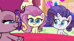 Size: 1920x1080 | Tagged: safe, screencap, fluttershy, pinkie pie, rarity, earth pony, pegasus, pony, unicorn, cotton candy-colored glasses, g4.5, my little pony: pony life, spoiler:pony life s02e04, animated, cute, female, mare, shyabetes, sound, webm