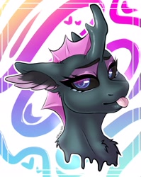 Size: 1631x2048 | Tagged: safe, artist:holomouse, oc, oc only, pony, black sclera, bust, chest fluff, dorsal fin, ear fluff, lidded eyes, purple changeling, raspberry, smiling, solo, tongue out