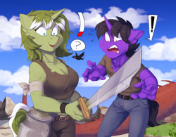 Size: 1280x1000 | Tagged: safe, artist:hakkids2, oc, oc only, oc:dart, unicorn, anthro, breasts, clothes, commission, digital art, duo, female, horn, male, oc x oc, oops, open mouth, pants, shipping, shirt, shocked, shocked expression, shrunken pupils, straight, tail, thighs, wide hips, ych result