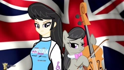 Size: 3840x2160 | Tagged: safe, artist:forzaveteranenigma, octavia melody, human, pony, fanfic:equestria motorsports, equestria girls, g4, bow (instrument), cello, cello bow, england, great britain, high res, humanized, musical instrument, racing suit, union jack