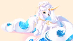 Size: 1042x582 | Tagged: safe, artist:drdepper, oc, oc only, pony, unicorn, colored horn, curved horn, horn, lidded eyes, looking at you, lying down, solo