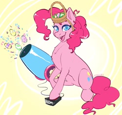 Size: 1940x1823 | Tagged: safe, artist:holomouse, pinkie pie, earth pony, pony, g4, basket, chest fluff, confetti, easter, easter basket, easter egg, hat, holiday, looking at you, open mouth, party cannon, smiling