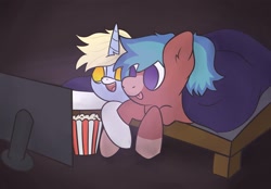 Size: 3095x2160 | Tagged: safe, artist:silverstararts, oc, oc only, oc:blitz razorwind, oc:nootaz, pegasus, pony, unicorn, blanket, food, high res, popcorn, smiling, television, tongue out