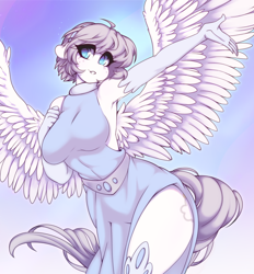 Size: 1280x1377 | Tagged: safe, artist:tolsticot, oc, oc only, oc:silver lining(q), anthro, armpits, big breasts, breasts, clothes, dress, evening gloves, female, gloves, long gloves, side slit, solo, spread wings, total sideslit, wings