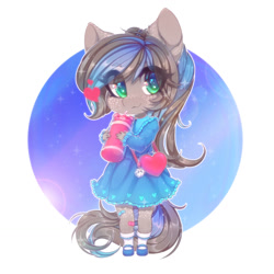 Size: 1280x1280 | Tagged: safe, artist:tolsticot, oc, oc only, oc:scotia, earth pony, anthro, :3, abstract background, anthro oc, bandaid, clothes, colored pupils, dress, drinking, eye clipping through hair, female, floating heart, freckles, heart, heart eyes, looking at you, small, smiling, socks, solo, sparkly eyes, tail, two toned mane, two toned tail, wingding eyes