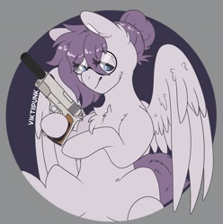Size: 2029x2048 | Tagged: safe, artist:viktiipunk, oc, oc only, oc:vylet, pegasus, pony, chest fluff, glasses, gun, high res, lidded eyes, looking at you, m1911, smiling, spread wings, suppressor, weapon, wings