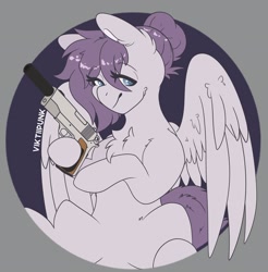 Size: 2016x2048 | Tagged: safe, alternate version, artist:viktiipunk, oc, oc only, oc:vylet, pegasus, pony, chest fluff, gun, high res, lidded eyes, looking at you, smiling, spread wings, weapon, wings