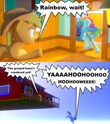 Size: 1280x1440 | Tagged: safe, artist:edward256, applejack, rainbow dash, earth pony, pony, fanfic:cupcake chronicles, g4, 2 panel comic, 3d, animation error, blender, blender cycles, clothes, comic, earth pony rainbow dash, falling, goofy holler, hoodie, not sfm, race swap, running, wingless, wingless rainbow dash, wonderbolt hoodie, yelling