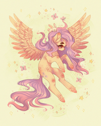 Size: 2400x3000 | Tagged: safe, artist:adishu, angel bunny, fluttershy, butterfly, pegasus, pony, rabbit, g4, abstract background, animal, duo, eyebrows, female, fluffy, high res, looking away, looking down, mare, spread wings, three quarter view, unshorn fetlocks, wings
