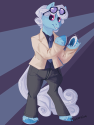 Size: 768x1024 | Tagged: safe, artist:pigeorgien, linky, shoeshine, earth pony, pony, g4, 70s, abstract background, bipedal, clothes, female, glasses, horseshoes, jacket, looking at you, mare, necktie, pants, shirt, smiling, smiling at you, solo, tuxedo, underhoof, unshorn fetlocks