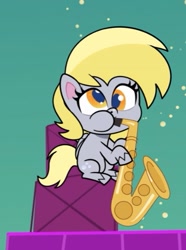 Size: 427x573 | Tagged: safe, screencap, derpy hooves, pegasus, pony, g4.5, my little pony: pony life, the comet section, cropped, cute, derpabetes, hoof hold, musical instrument, puffy cheeks, saxophone, solo