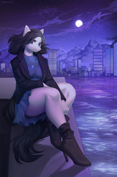 Size: 934x1404 | Tagged: safe, artist:margony, oc, oc only, oc:lodey darkshine, earth pony, anthro, plantigrade anthro, boots, breasts, busty oc, city, clothes, dress, female, full moon, high heels, jewelry, lidded eyes, looking at you, moon, necklace, night, scenery, schrödinger's pantsu, shoes, skirt, smiling, solo, thighs