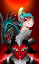 Size: 2343x3858 | Tagged: safe, artist:flaxen's art corner, cozy glow, lord tirek, queen chrysalis, centaur, pegasus, pony, g4, angry, antagonist, beard, black coat, bow, curly hair, curly mane, facial hair, fangs, green eyes, hair bow, high res, horn, legion of doom, long mane, long tongue, mohawk, moist, nose piercing, piercing, pink coat, red eyes, red skin, septum piercing, smiling, smug, tongue out, yellow eyes