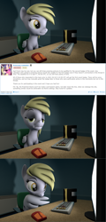 Size: 1212x2527 | Tagged: safe, artist:olkategrin, derpy hooves, princess celestia, pegasus, pony, derpibooru, g4, 3d, april fools, april fools 2021, april fools joke, biting, caption, computer, computer mouse, computer screen, derp, derpy hooves is not amused, funny, grooming, image macro, info, meme, meta, monitor, ponified meme, preenhub, preening, reaction image, screenshots, solo, source filmmaker, text, wings