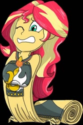 Size: 400x603 | Tagged: artist needed, source needed, safe, sunset shimmer, equestria girls, g4, cartoon physics, fetish, flattened, inanimate tf, one eye closed, shape change, transformation