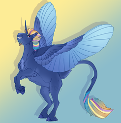 Size: 2000x2034 | Tagged: safe, artist:seffiron, oc, oc only, oc:downpour dash, alicorn, pony, colored wings, high res, magical lesbian spawn, male, multicolored wings, offspring, parent:rainbow dash, parent:twilight sparkle, parents:twidash, rearing, solo, stallion, wings