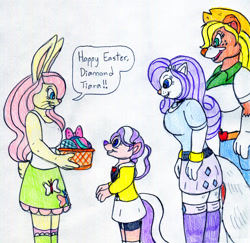 Size: 1280x1246 | Tagged: safe, artist:jose-ramiro, applejack, diamond tiara, fluttershy, rarity, cat, dog, mink, rabbit, anthro, equestria girls, g4, animal, appledog, bunnified, bunnyshy, catified, dogified, easter, easter egg, female, happy easter, holiday, raricat, species swap, speech bubble, traditional art