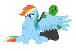 Size: 2111x1406 | Tagged: safe, artist:eels, rainbow dash, oc, oc:anon, human, pegasus, pony, g4, blushing, duo, grooming, preening, simple background, white background