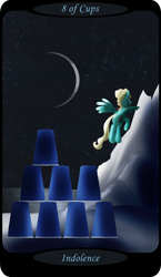 Size: 1500x2591 | Tagged: safe, artist:sixes&sevens, part of a set, zephyr breeze, pegasus, pony, g4, cloud, cloudy, crescent moon, eight of cups, flying away, male, minor arcana, moon, mountain, night, ocean, outdoors, solo, stacking, tarot card