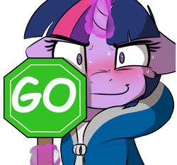 Size: 1222x1138 | Tagged: safe, artist:captainpudgemuffin, edit, twilight sparkle, pony, g4, blushing, clothes, female, floppy ears, hoodie, levitation, looking at you, magic, mare, octagon, sans (undertale), simple background, smiling, solo, sweat, telekinesis, undertale, white background, wide eyes