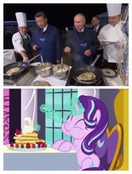 Size: 3106x4096 | Tagged: safe, edit, edited screencap, screencap, starlight glimmer, a royal problem, g4, blins, eating, food, pancakes, puffy cheeks, stalin glimmer, vladimir putin, xi jinping