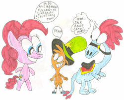 Size: 1024x831 | Tagged: safe, artist:sithvampiremaster27, pinkie pie, alien, earth pony, pony, zbornak, g4, bipedal, crossover, speech bubble, sylvia (wander over yonder), thought bubble, wander (wander over yonder), wander over yonder