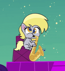 Size: 294x323 | Tagged: safe, screencap, derpy hooves, pegasus, pony, g4.5, my little pony: pony life, the comet section, spoiler:pony life s02e03, animated, cute, derpabetes, female, gif, mare, music notes, musical instrument, saxophone, sitting, solo, stage
