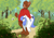 Size: 3508x2480 | Tagged: safe, artist:wbp, oc, oc:snow pup, bear, pegasus, pony, ball, berry bush, bush, carrying, clothes, dirt road, female, forest, frisbee, furry, furry oc, high res, holding a pony, hoodie, looking at something, looking at you, mare, one eye closed, simple background, sports, spread wings, tennis, tennis ball, wings, wink, wristband