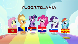 Size: 1280x716 | Tagged: safe, edit, edited screencap, screencap, applejack, fluttershy, pinkie pie, rainbow dash, rarity, twilight sparkle, alicorn, pony, g4, best friends until the end of time, bosnia and herzegovina, croatia, eqg flag-tag meme, flag, mane six, montenegro, north macedonia, ponies as regions, serbia, slovenia, twilight sparkle (alicorn), yugoslavia