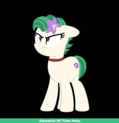 Size: 1024x1064 | Tagged: safe, artist:lanternomega, artist:r4hucksake, oc, oc only, oc:primrose medley, earth pony, pony, amino, angry, base used, black background, challenge accepted, collar, cute, cutie mark, female, flower, flower in hair, green mane, green tail, madorable, mare, purple eyes, simple background, smol, solo, watermark